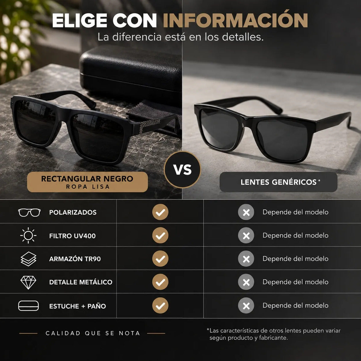 Lentes De Sol Polarizado Hombre Rectangular Negro Uv400