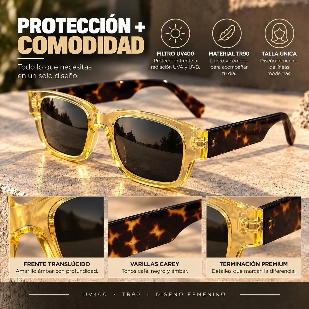 Lentes De Sol Mujer Carey Amarillo Uv400 Polarizado Tr90