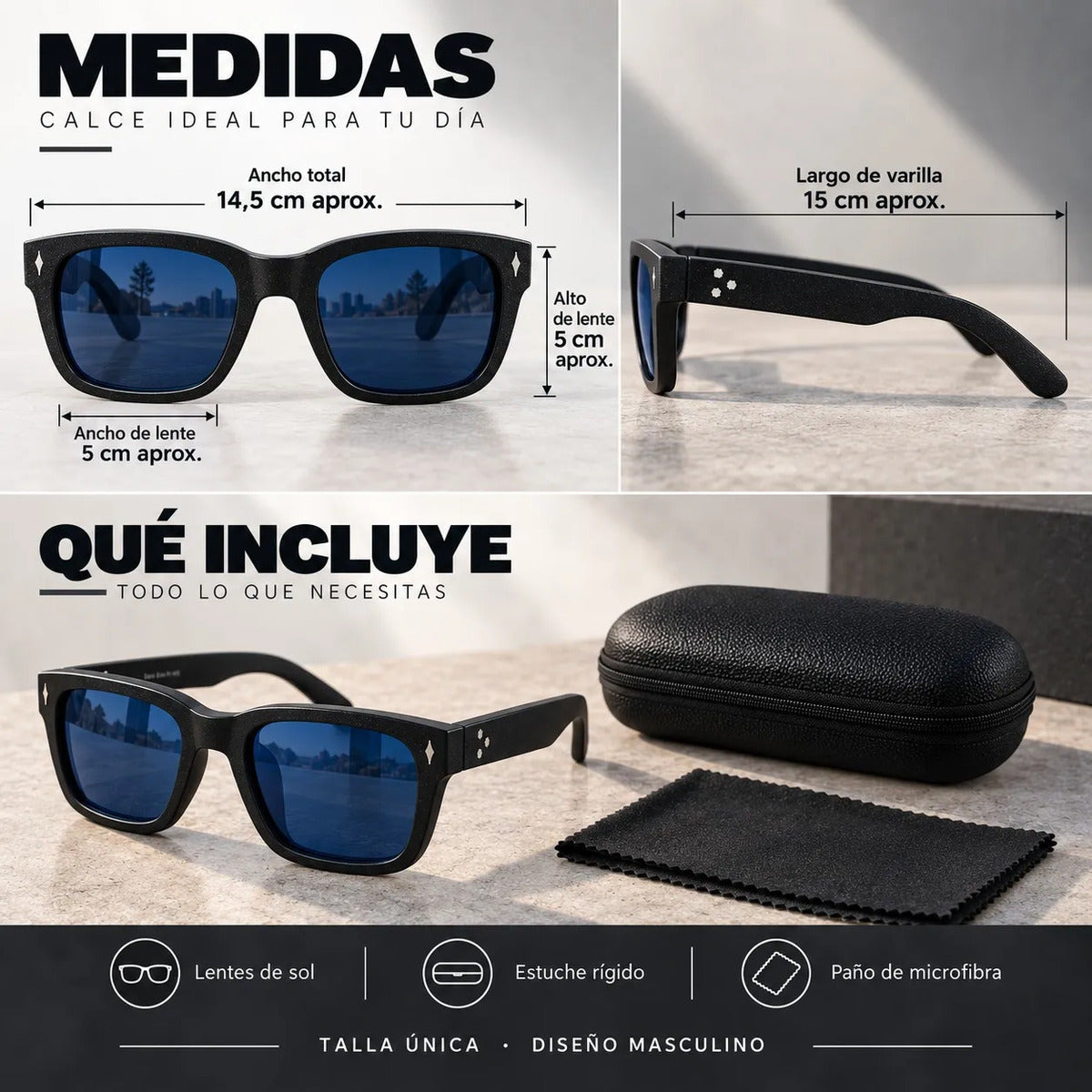 Lentes De Sol Monaco Rectangulares Uv400 Hombre Con Estuche