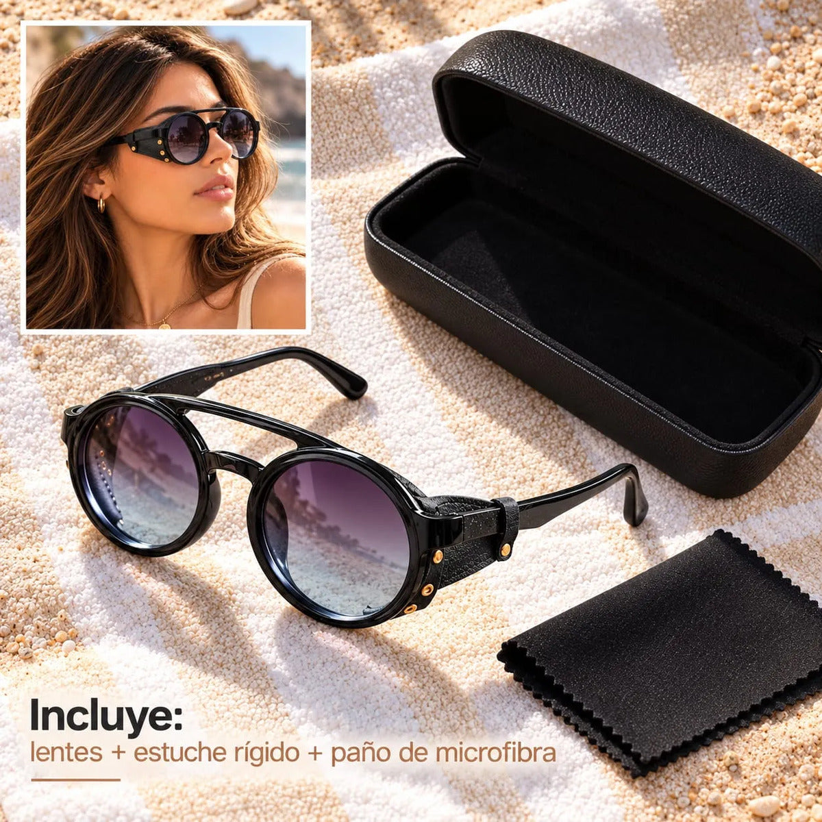 Lentes De Sol Redondos Retro Steampunk Uv400 Mujer Estuche