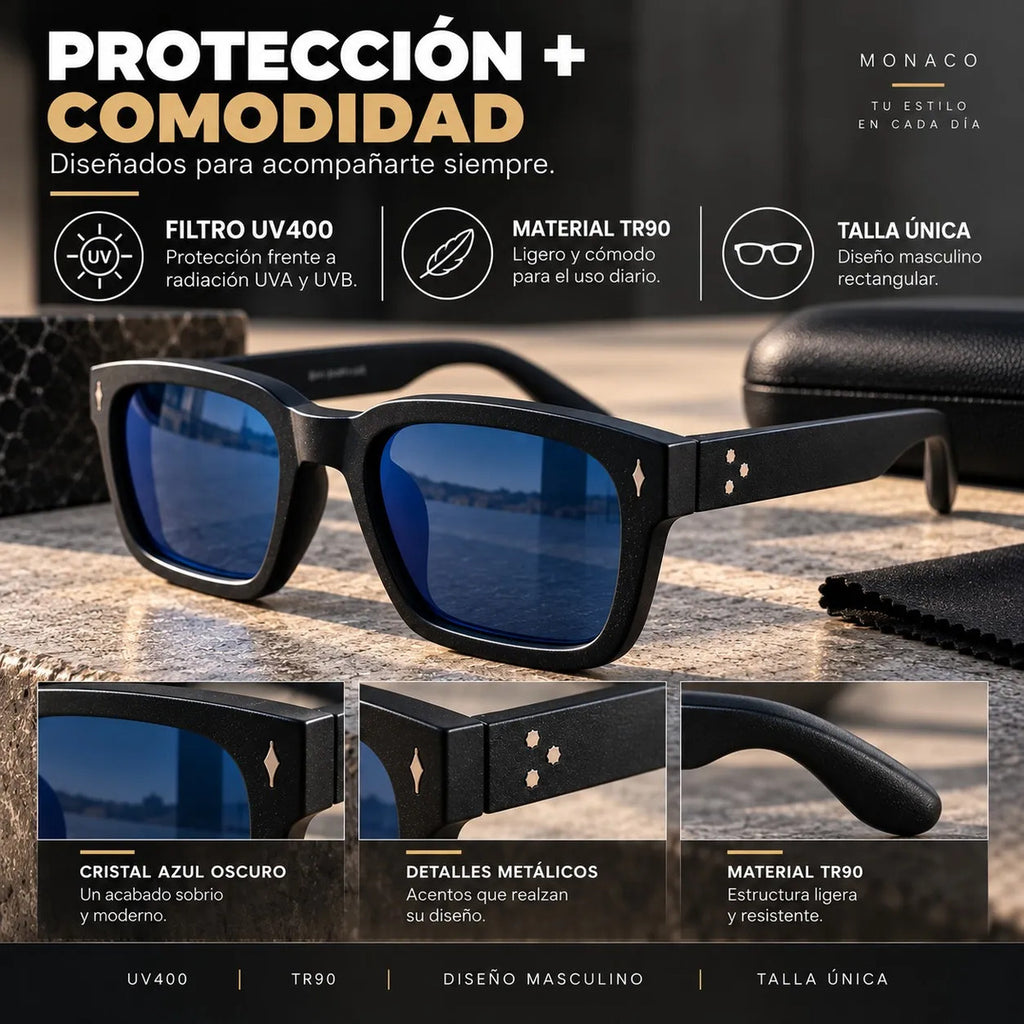 Lentes De Sol Monaco Rectangulares Uv400 Hombre Con Estuche