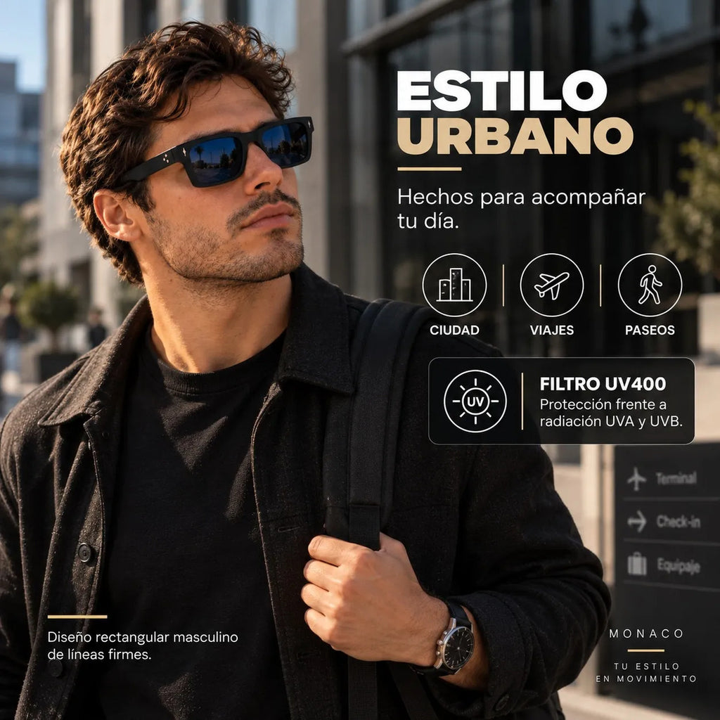 Lentes De Sol Monaco Rectangulares Uv400 Hombre Con Estuche