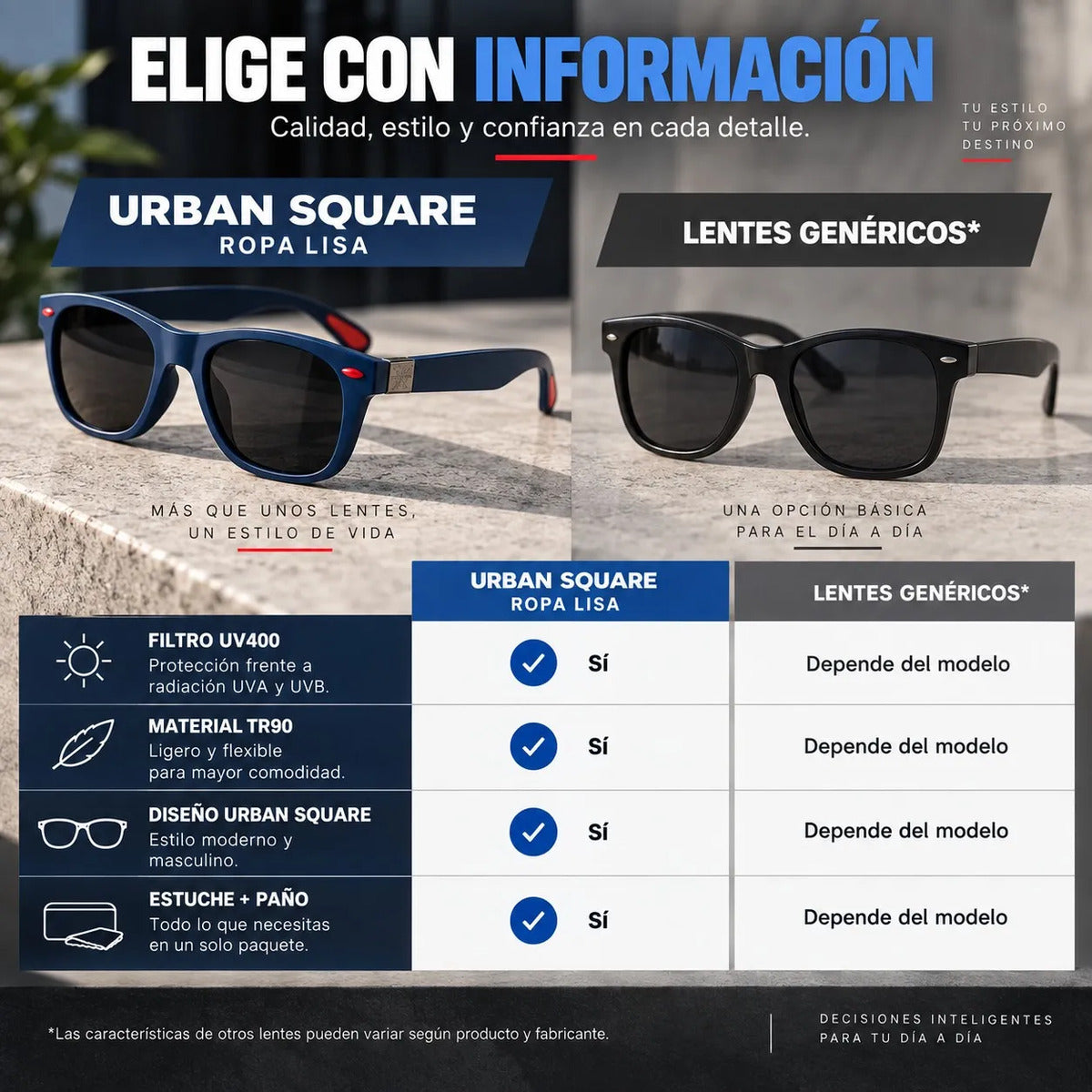 Lente De Sol Urban Square Clasico De Hombre Polarizado Uv400