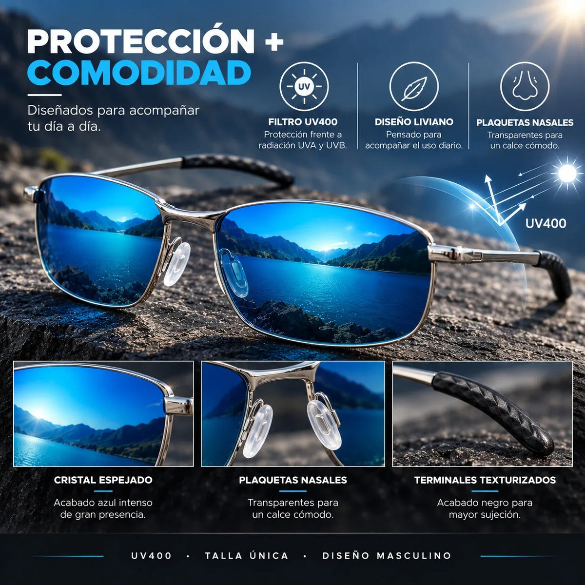 Lentes De Sol Aero Hombre Uv400 Tr90 Espejados Con Estuche