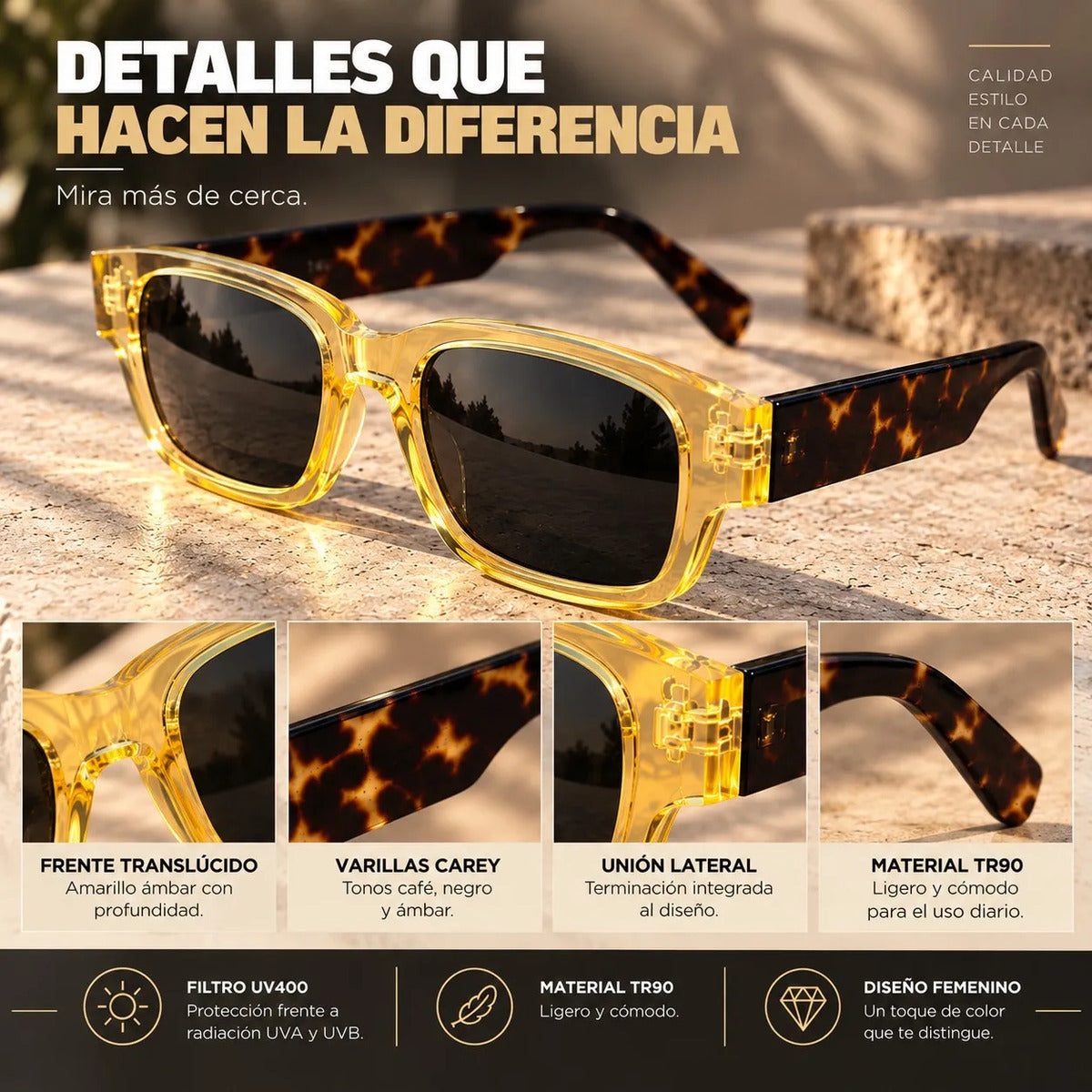 Lentes De Sol Mujer Carey Amarillo Uv400 Polarizado Tr90