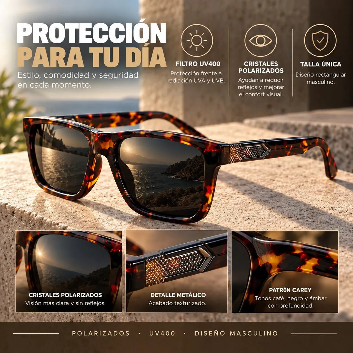 Lentes De Sol Polarizados Hombre Carey Rectangular Uv400