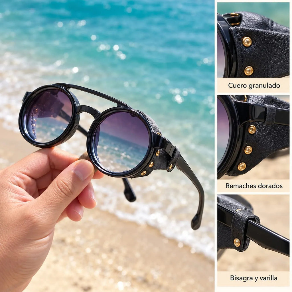 Lentes De Sol Redondos Retro Steampunk Uv400 Mujer Estuche