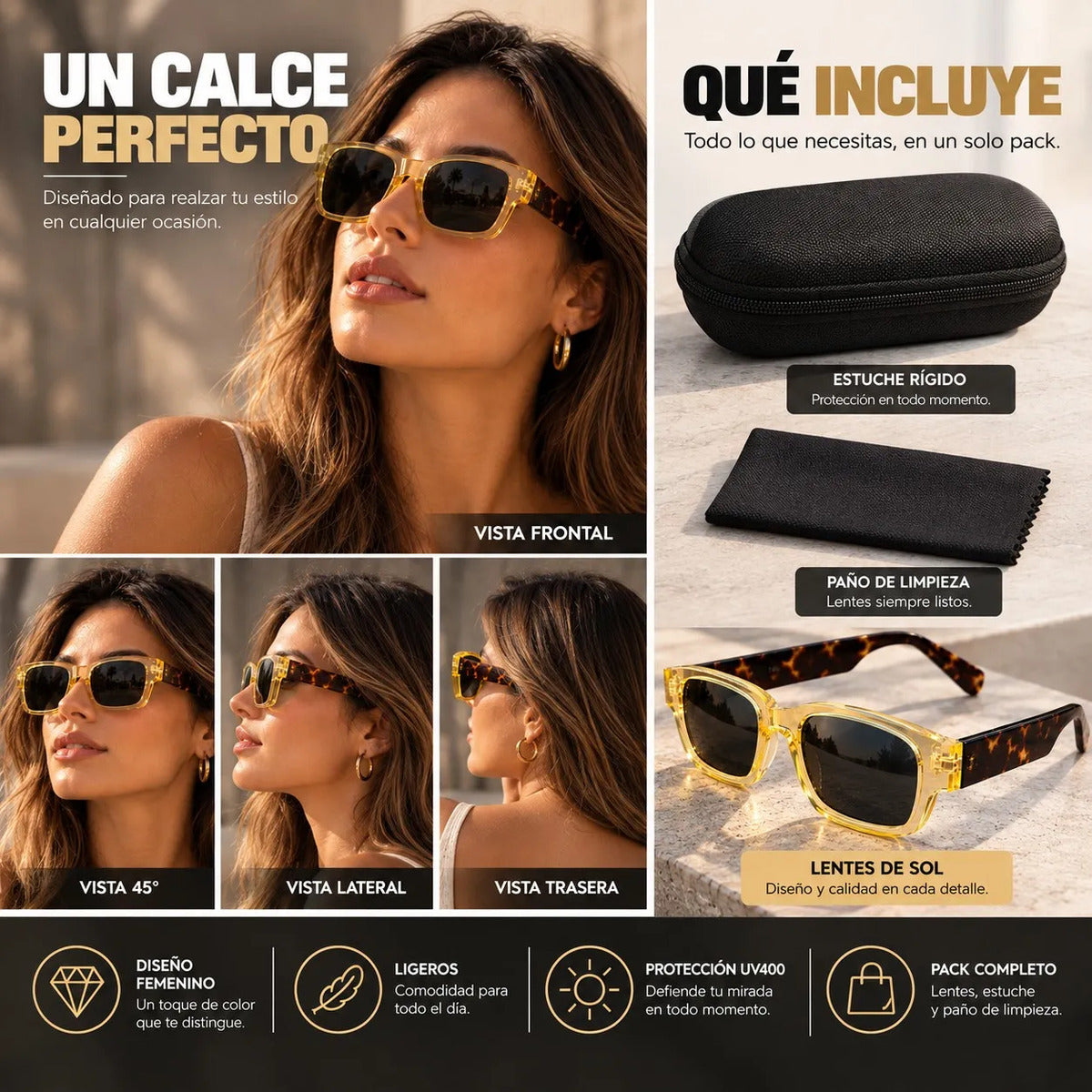 Lentes De Sol Mujer Carey Amarillo Uv400 Polarizado Tr90