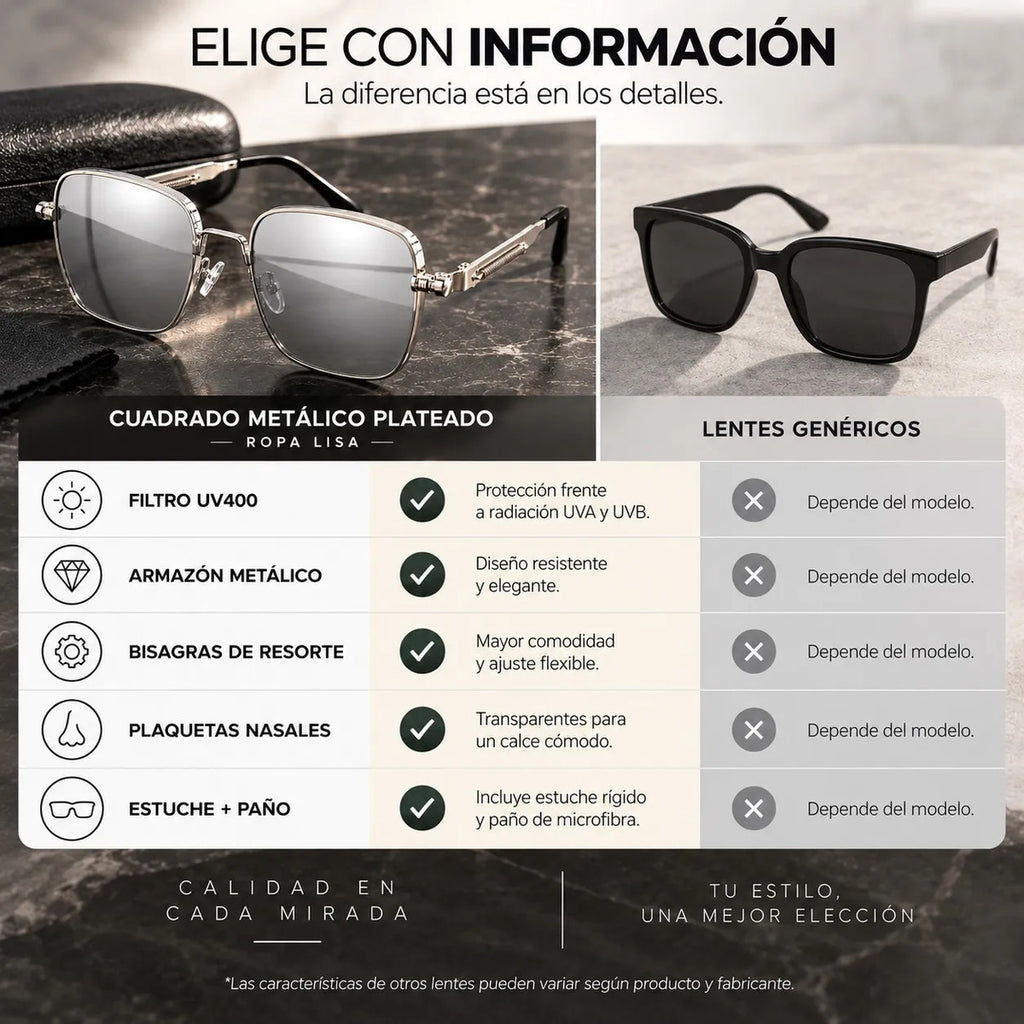 Lentes De Sol Mujer Cuadrados Metálicos Con Filtro Uv400