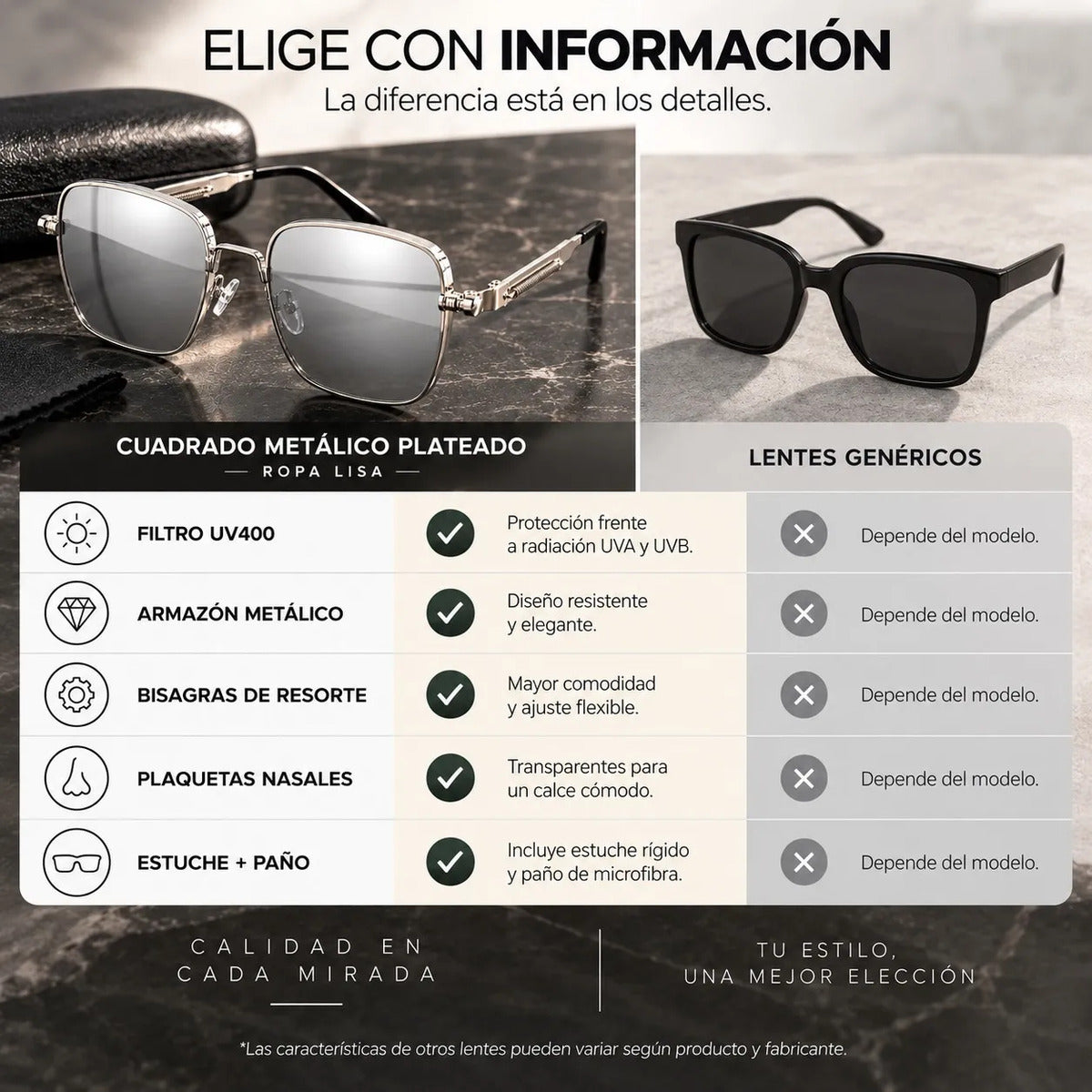 Lentes De Sol Mujer Cuadrados Metálicos Con Filtro Uv400