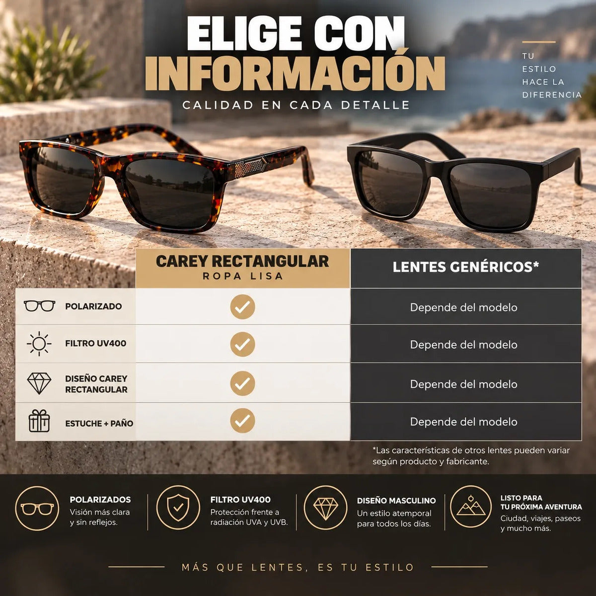 Lentes De Sol Polarizados Hombre Carey Rectangular Uv400