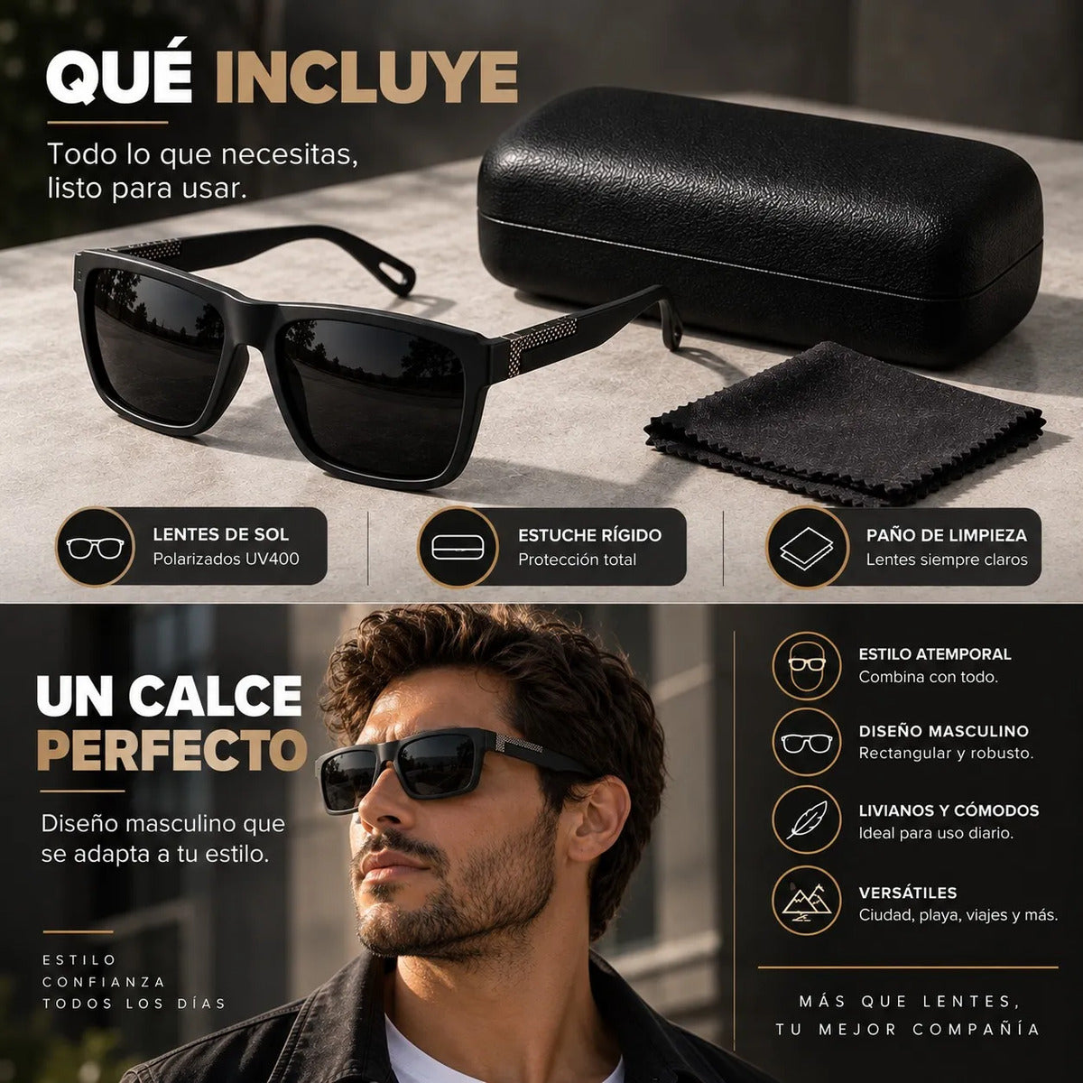 Lentes De Sol Polarizado Hombre Rectangular Negro Uv400