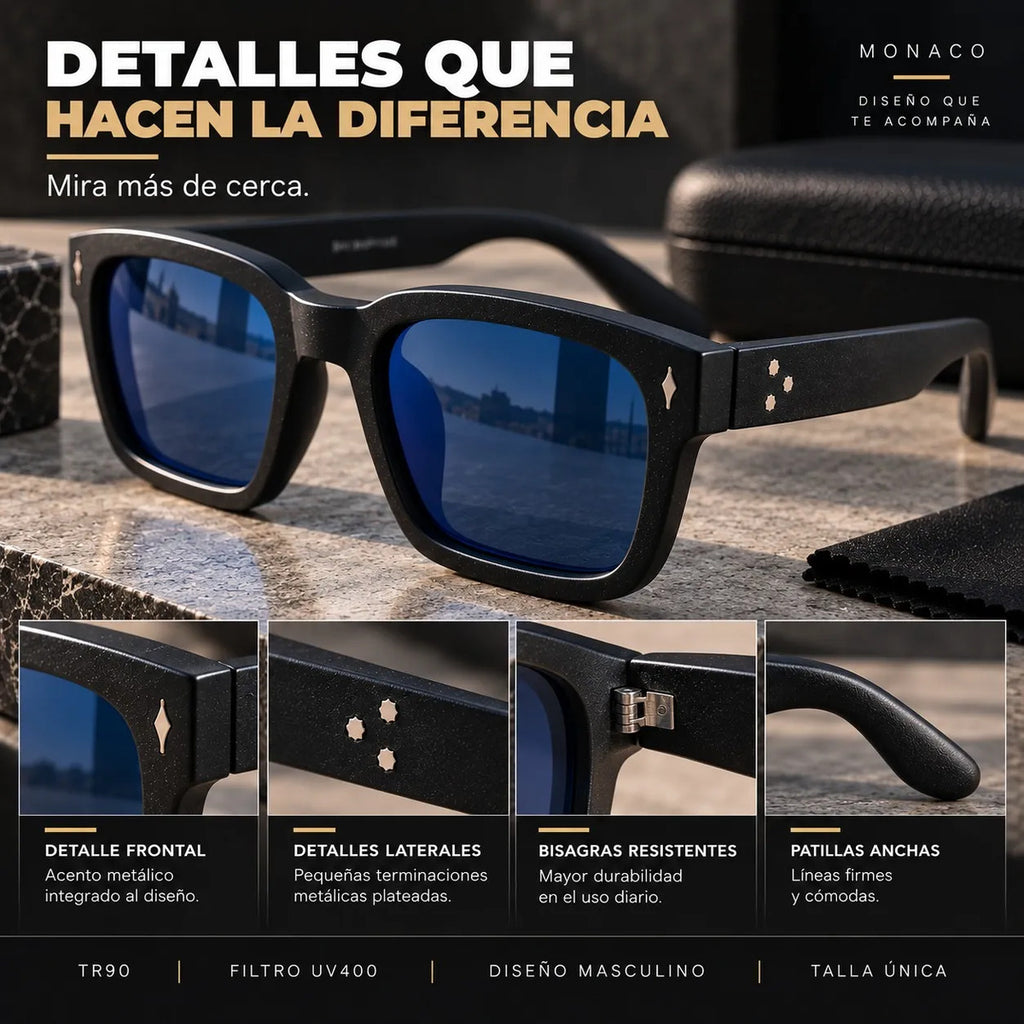 Lentes De Sol Monaco Rectangulares Uv400 Hombre Con Estuche