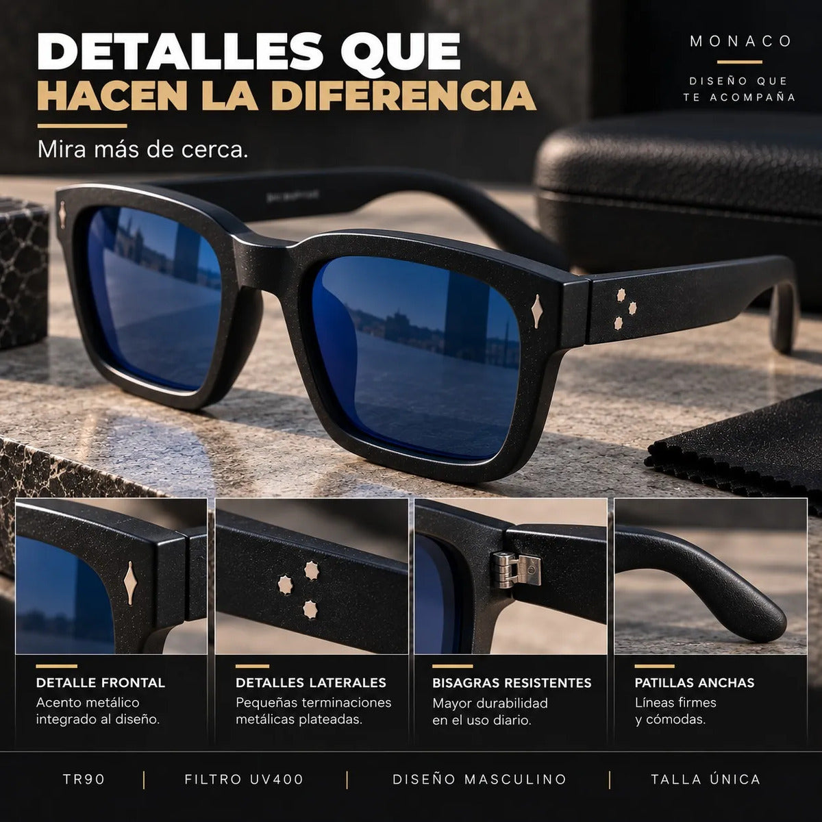 Lentes De Sol Monaco Rectangulares Uv400 Hombre Con Estuche
