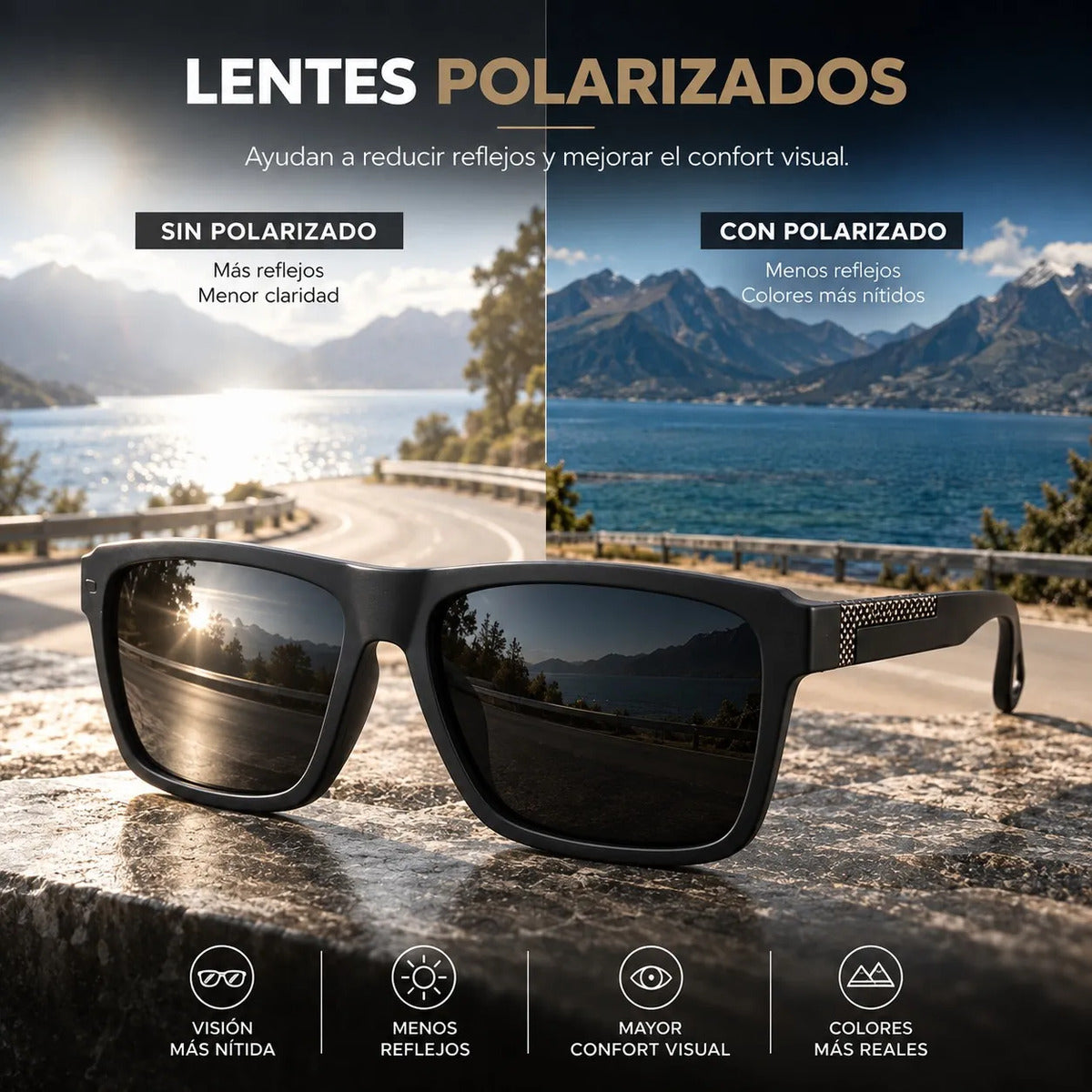 Lentes De Sol Polarizado Hombre Rectangular Negro Uv400