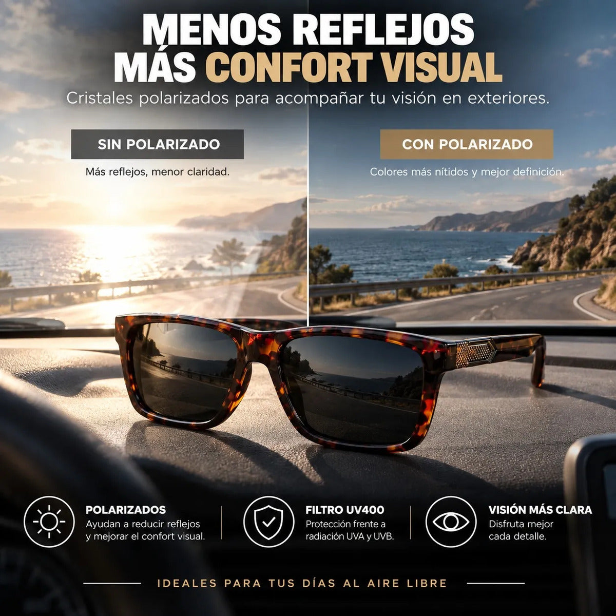 Lentes De Sol Polarizados Hombre Carey Rectangular Uv400
