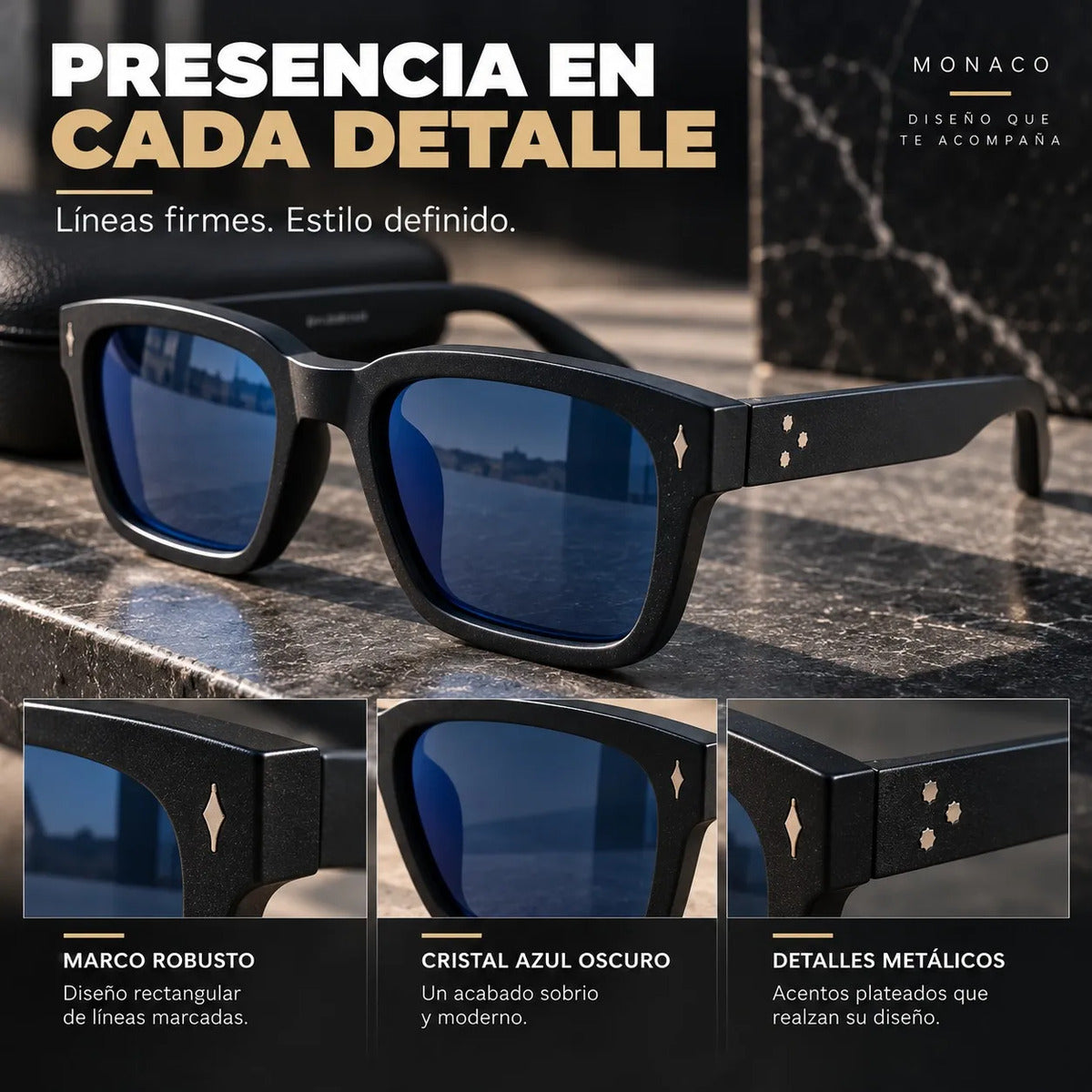 Lentes De Sol Monaco Rectangulares Uv400 Hombre Con Estuche