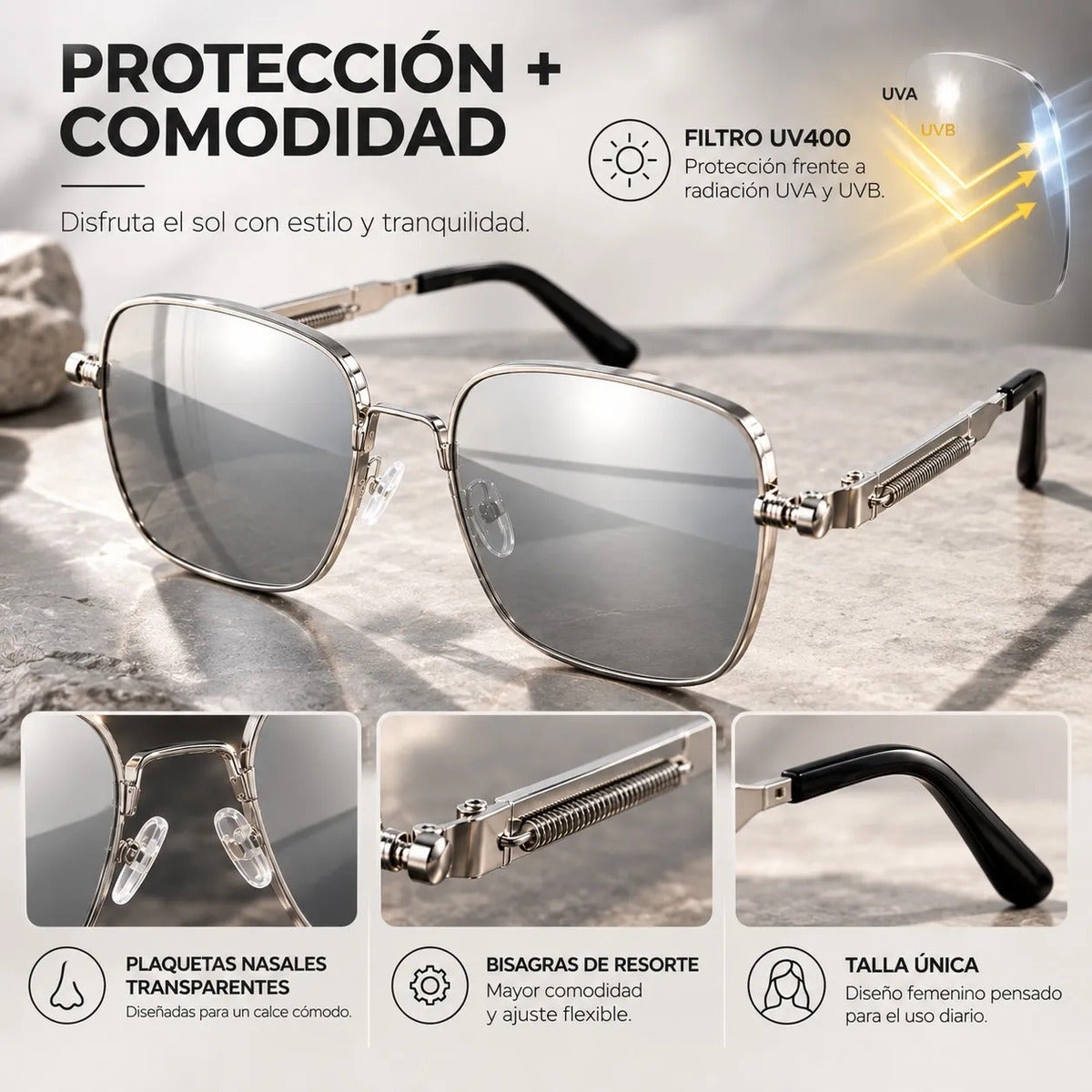 Lentes De Sol Mujer Cuadrados Metálicos Con Filtro Uv400