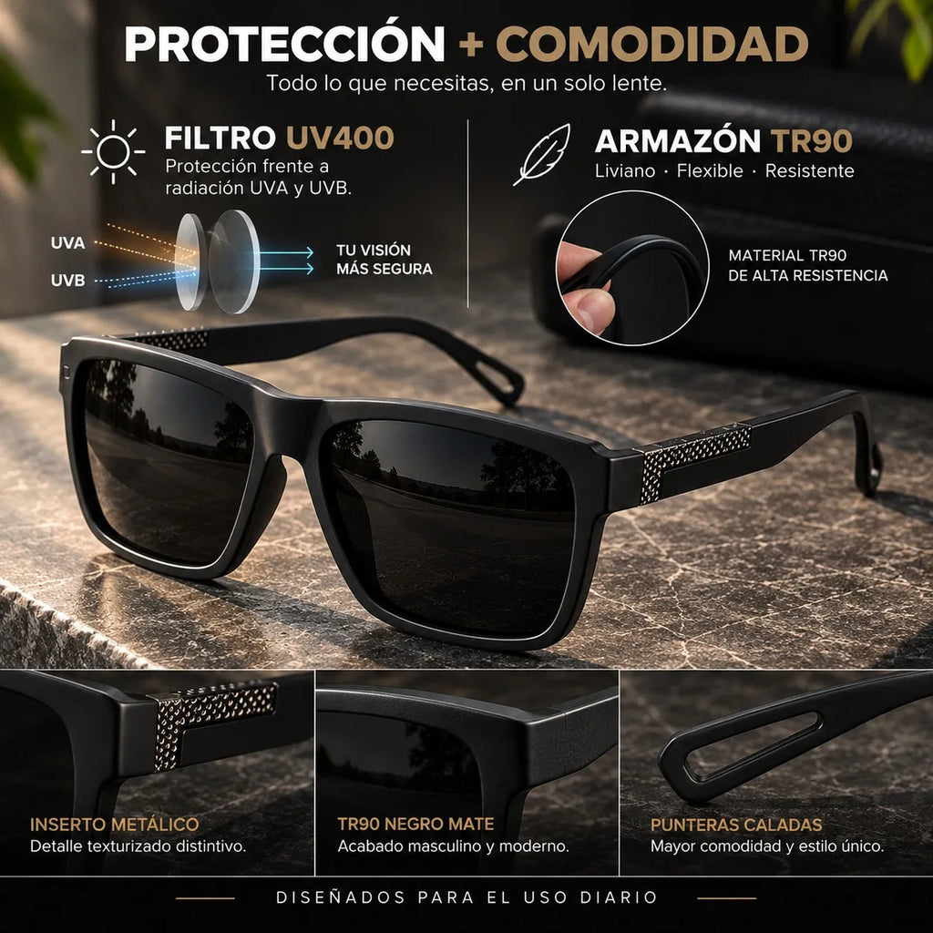 Lentes De Sol Polarizado Hombre Rectangular Negro Uv400
