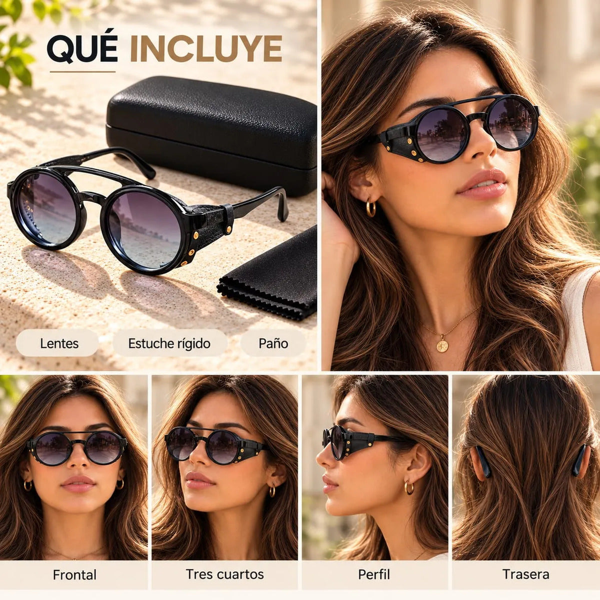 Lentes De Sol Redondos Retro Steampunk Uv400 Mujer Estuche