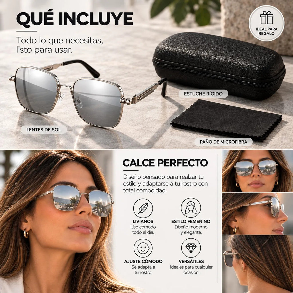 Lentes De Sol Mujer Cuadrados Metálicos Con Filtro Uv400