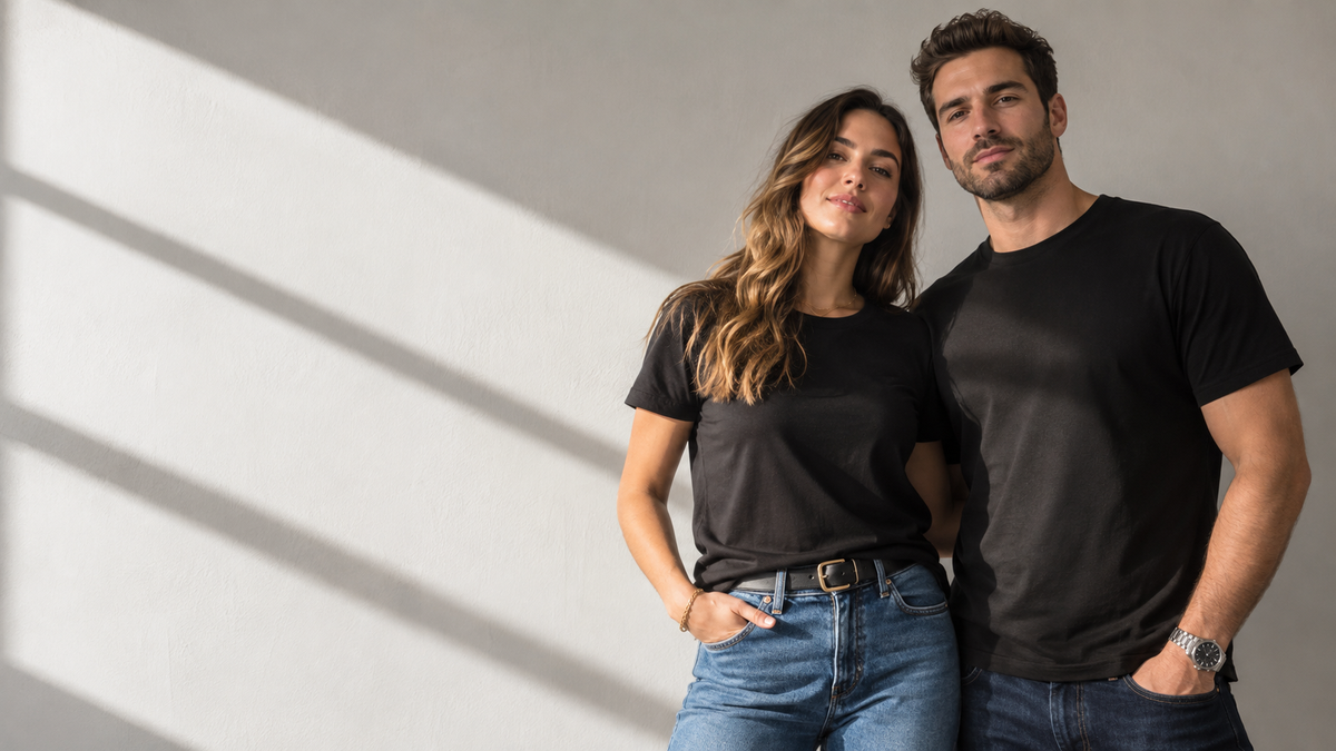 Hombre y mujer con polera básica negra lisa de algodón
